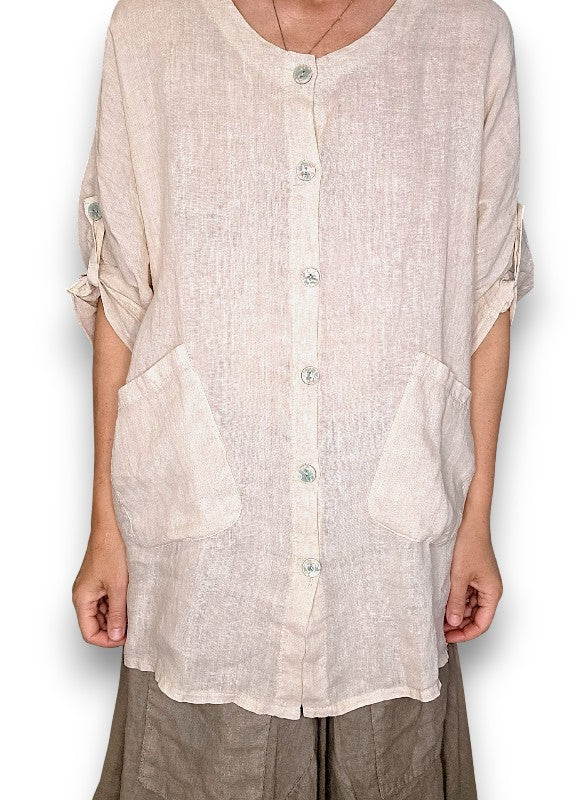 Beige Pearl Button Top