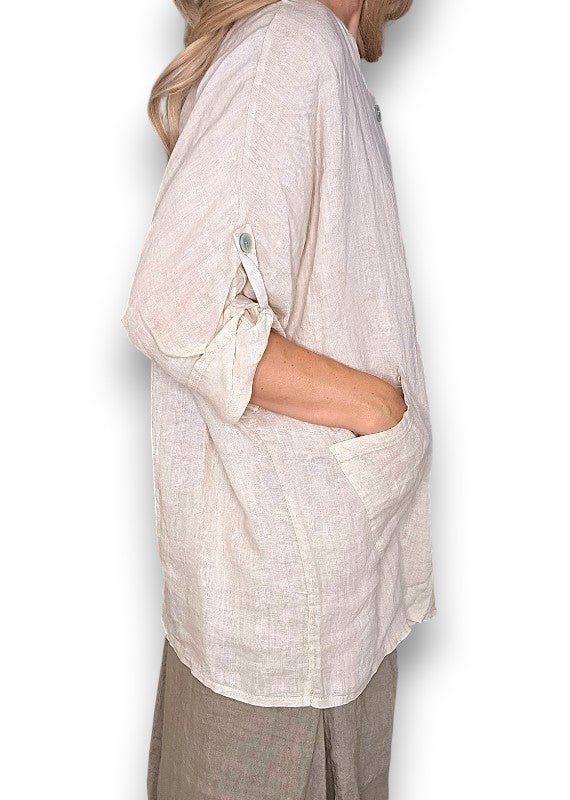 Beige Pearl Button Top