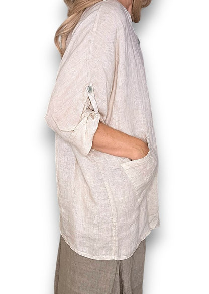 Beige Pearl Button Top
