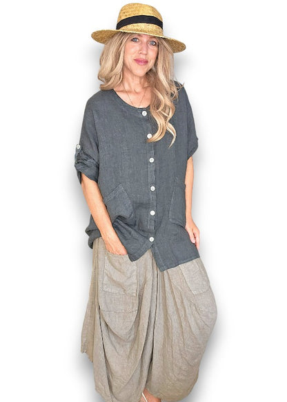Charcoal Pearl Button Top