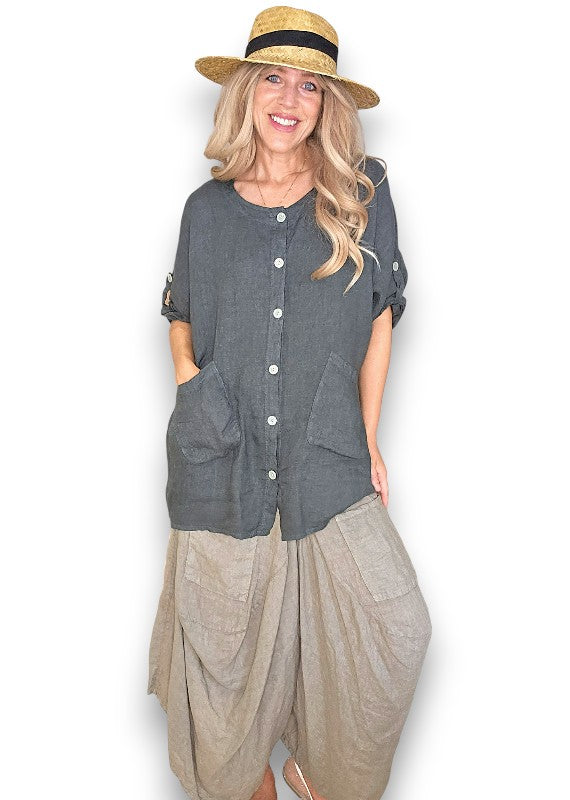 Charcoal Pearl Button Top