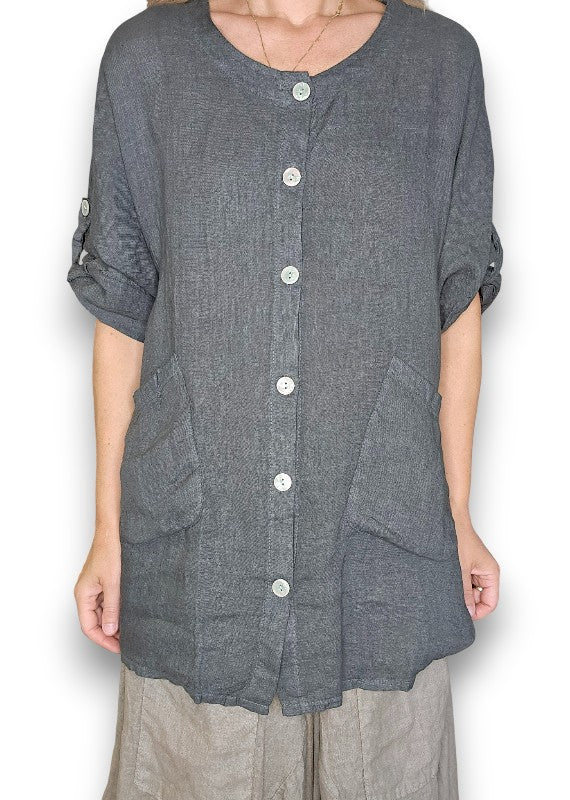 Charcoal Pearl Button Top