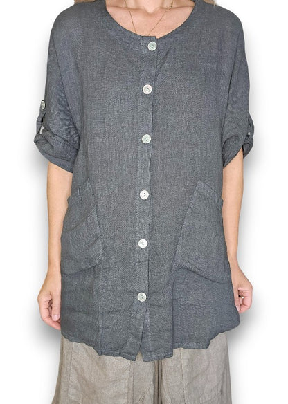 Charcoal Pearl Button Top