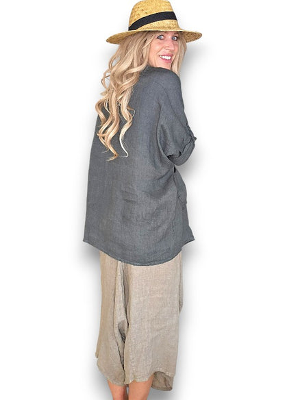 Charcoal Pearl Button Top
