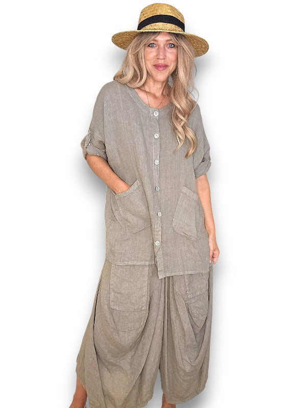 Mocha Pearl Button Top