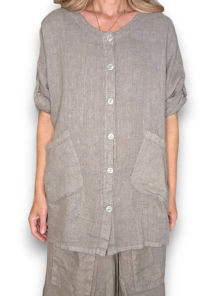 Mocha Pearl Button Top