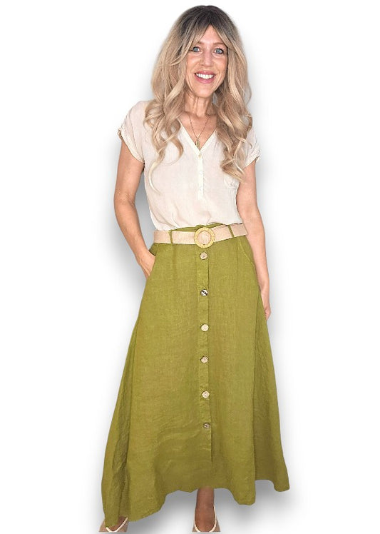 Olive Midi Raffia Belt Linen Skirt