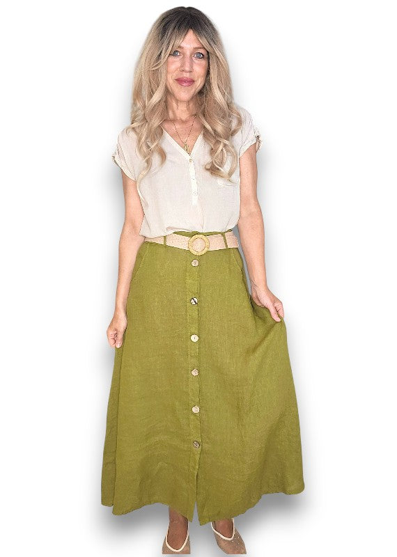 Olive Midi Raffia Belt Linen Skirt