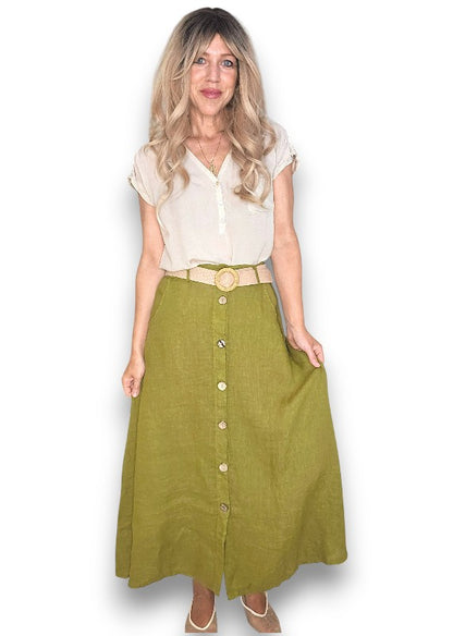 Olive Midi Raffia Belt Linen Skirt