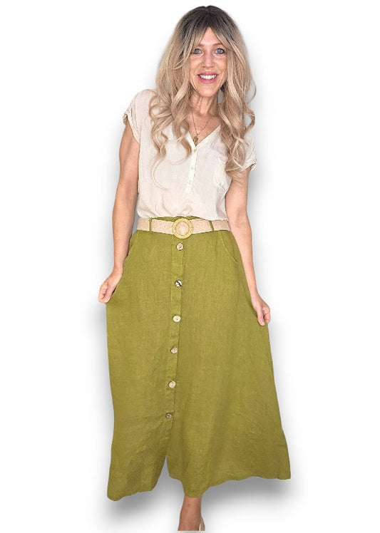 Olive Midi Raffia Belt Linen Skirt