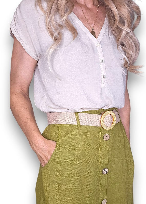 Olive Midi Raffia Belt Linen Skirt