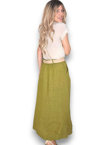 Olive Midi Raffia Belt Linen Skirt