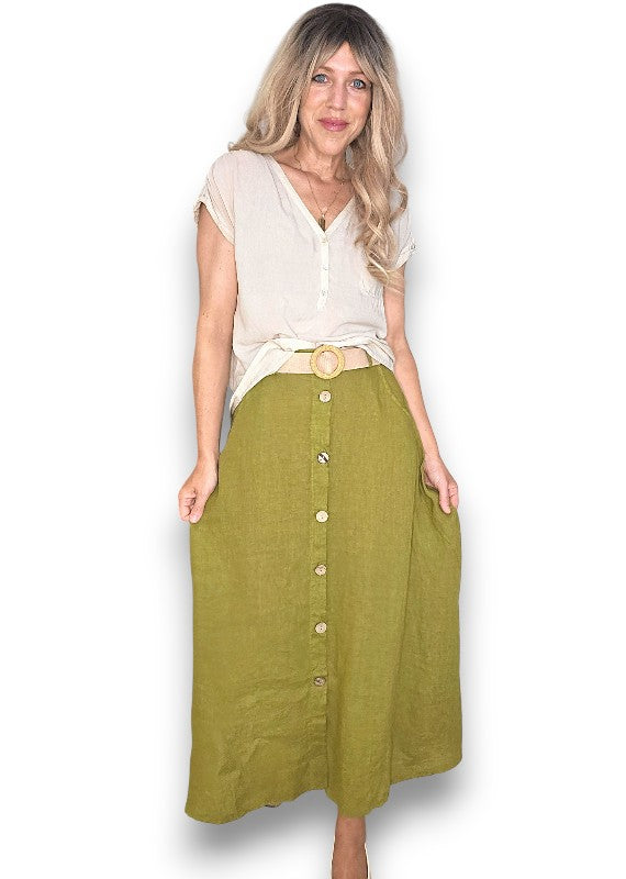 Olive Midi Raffia Belt Linen Skirt