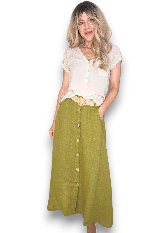 Olive Midi Raffia Belt Linen Skirt