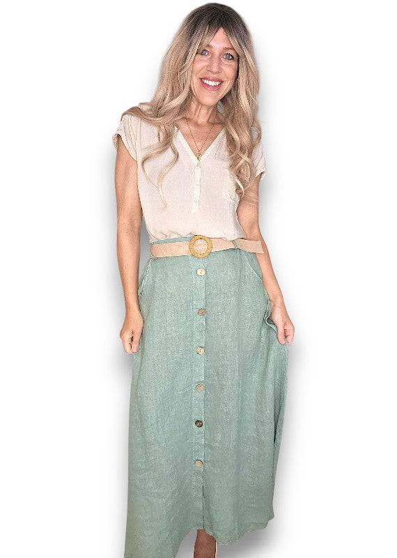 Sage Midi Raffia Belt Linen Skirt
