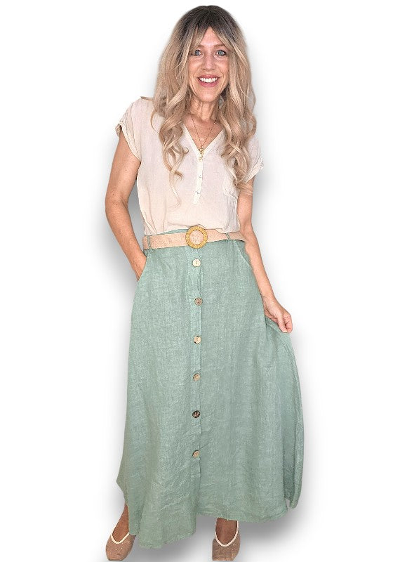 Sage Midi Raffia Belt Linen Skirt