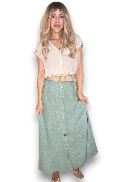 Sage Midi Raffia Belt Linen Skirt