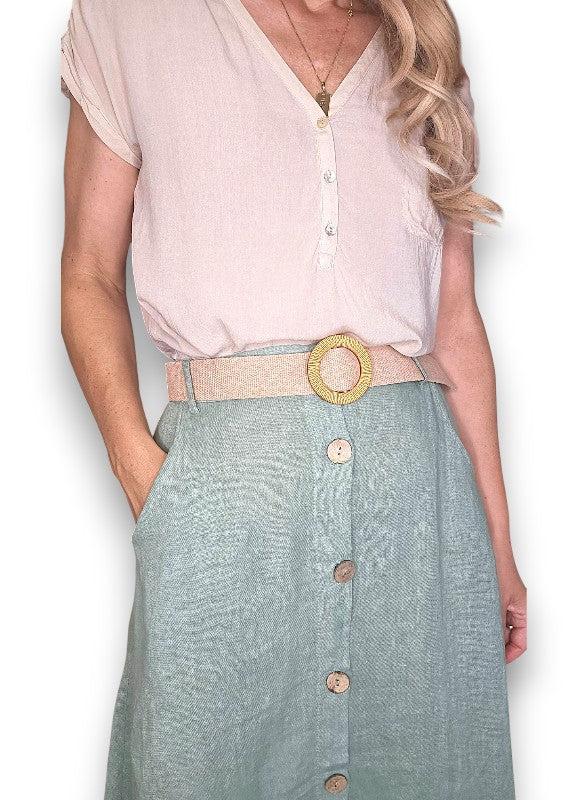 Sage Midi Raffia Belt Linen Skirt