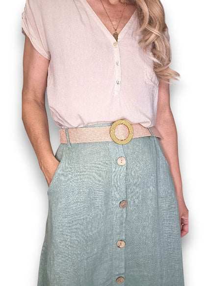 Sage Midi Raffia Belt Linen Skirt