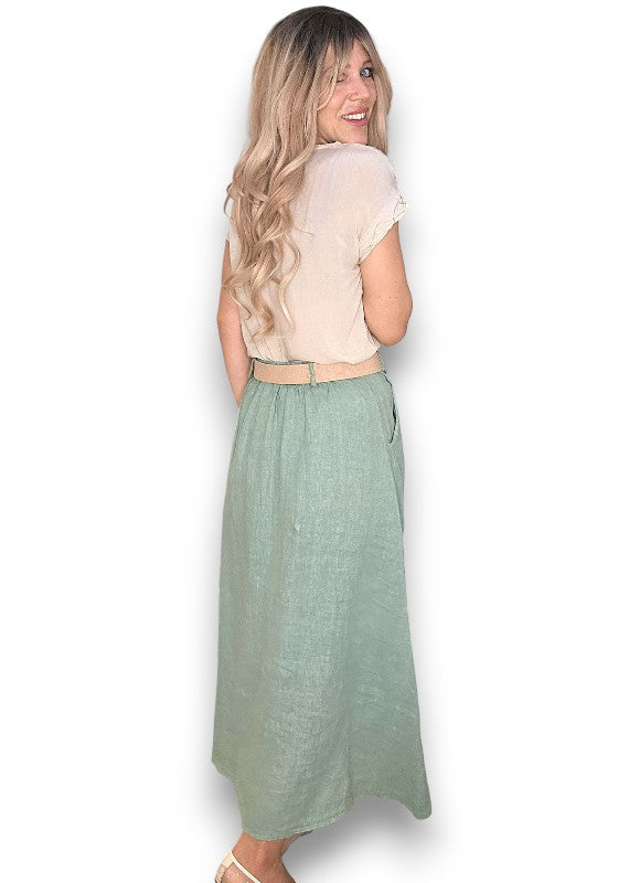 Sage Midi Raffia Belt Linen Skirt
