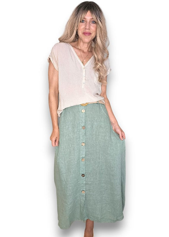 Sage Midi Raffia Belt Linen Skirt