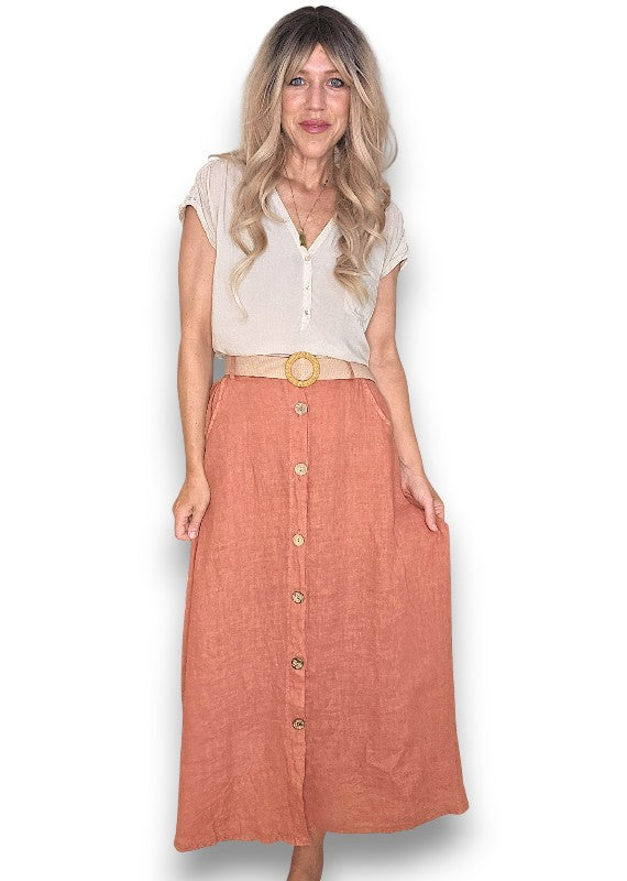 Brick Midi Raffia Belt Linen Skirt