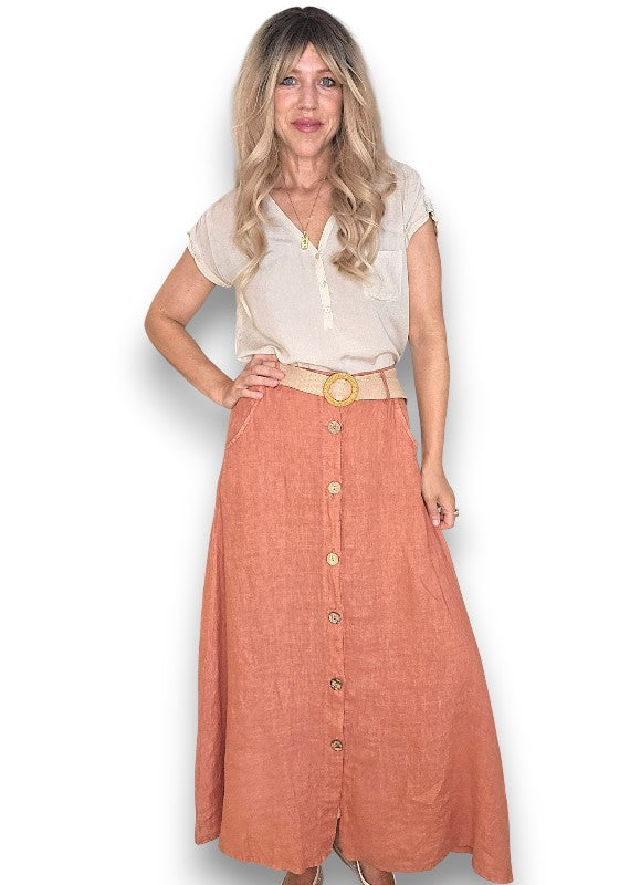Brick Midi Raffia Belt Linen Skirt