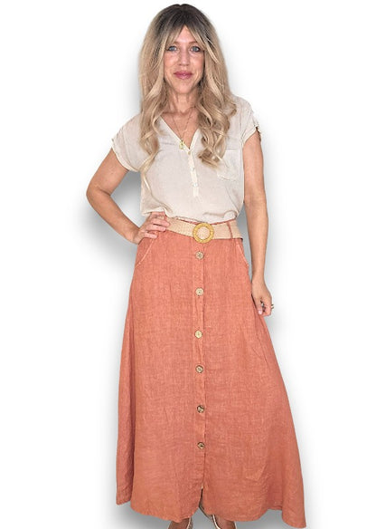 Brick Midi Raffia Belt Linen Skirt