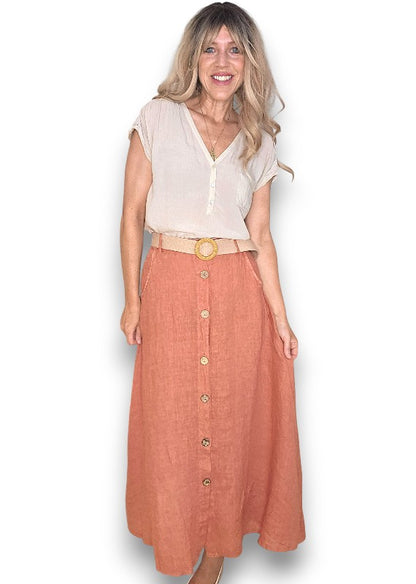Brick Midi Raffia Belt Linen Skirt