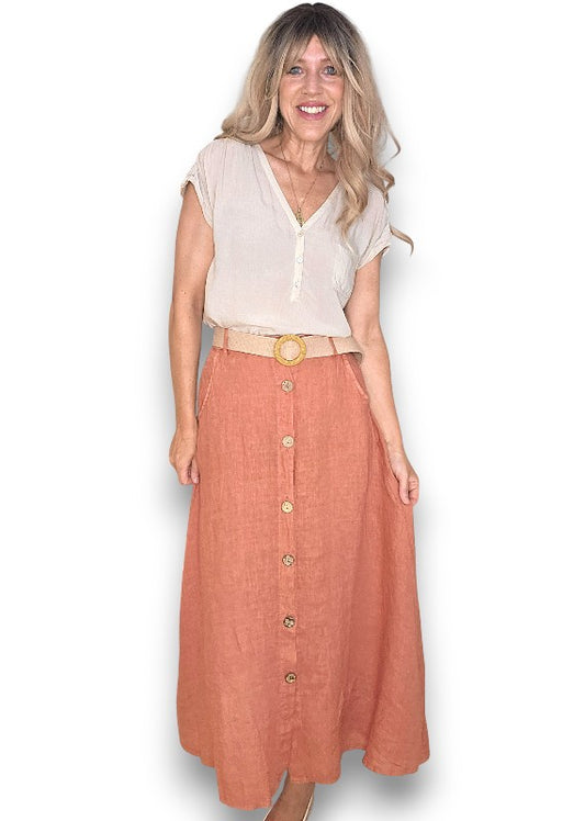 Brick Midi Raffia Belt Linen Skirt