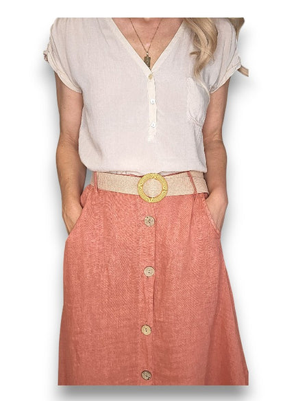 Brick Midi Raffia Belt Linen Skirt