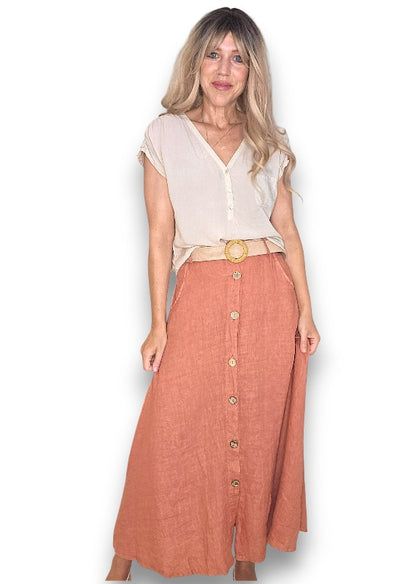 Brick Midi Raffia Belt Linen Skirt