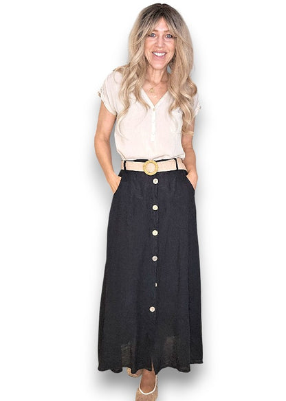Black Midi Raffia Belt Linen Skirt