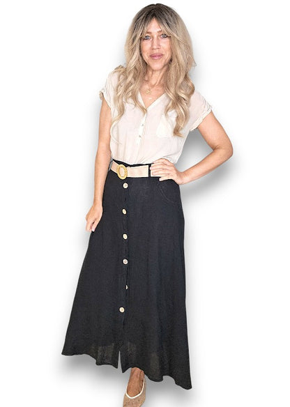 Black Midi Raffia Belt Linen Skirt