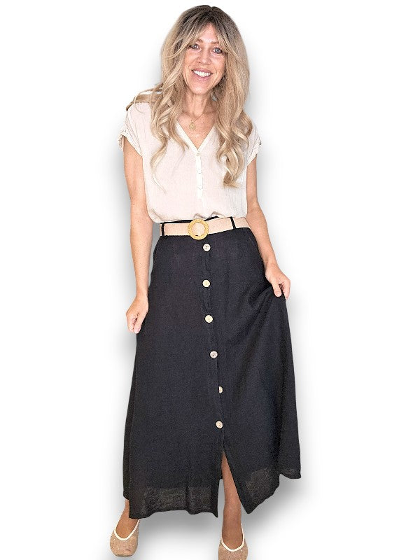 Black Midi Raffia Belt Linen Skirt