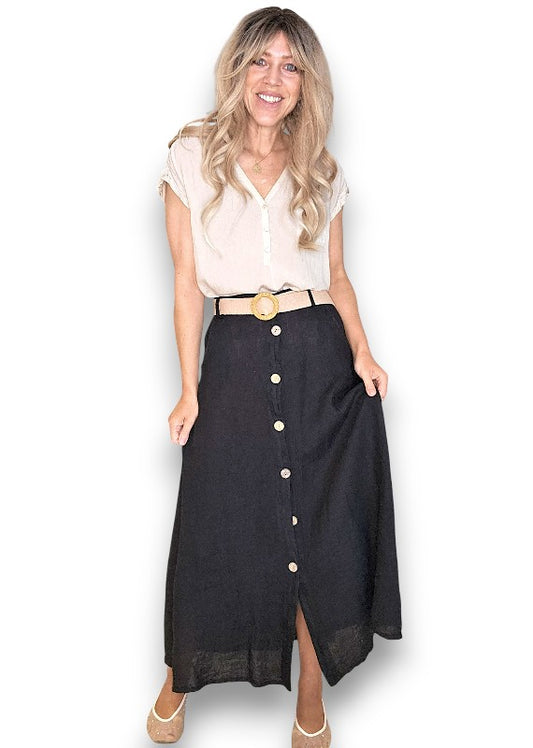Black Midi Raffia Belt Linen Skirt
