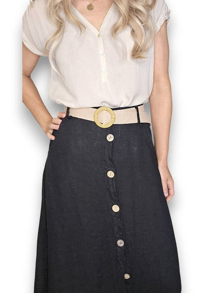 Black Midi Raffia Belt Linen Skirt