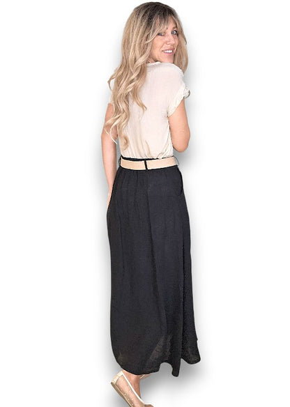 Black Midi Raffia Belt Linen Skirt