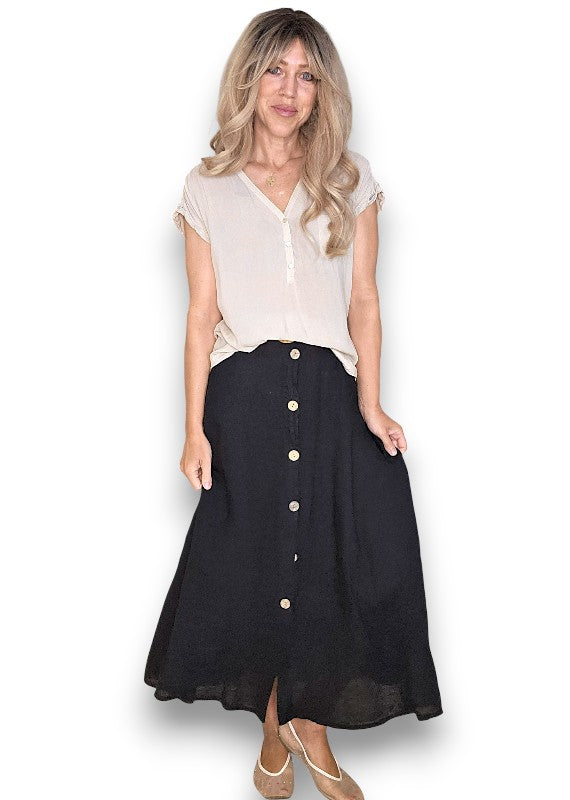Black Midi Raffia Belt Linen Skirt