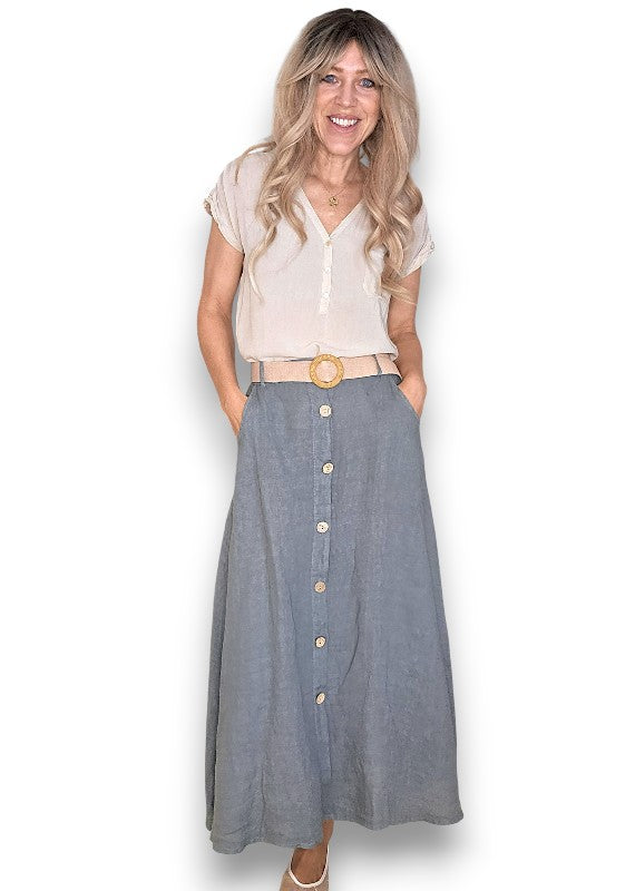 Grey Midi Raffia Belt Linen Skirt
