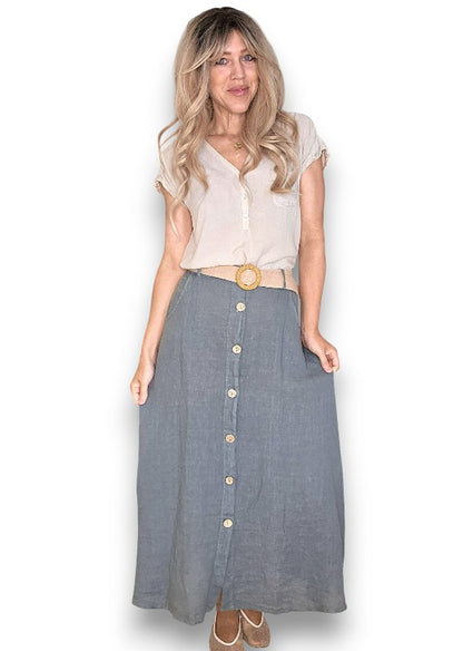 Grey Midi Raffia Belt Linen Skirt