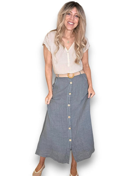 Grey Midi Raffia Belt Linen Skirt