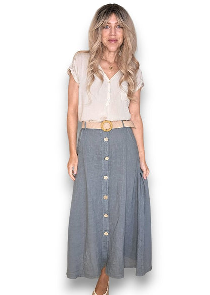 Grey Midi Raffia Belt Linen Skirt