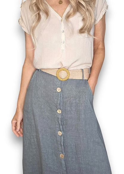 Grey Midi Raffia Belt Linen Skirt