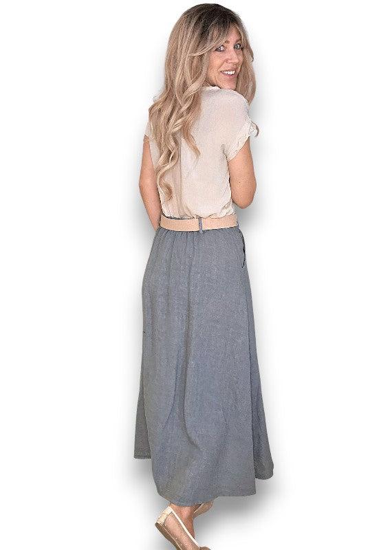 Grey Midi Raffia Belt Linen Skirt