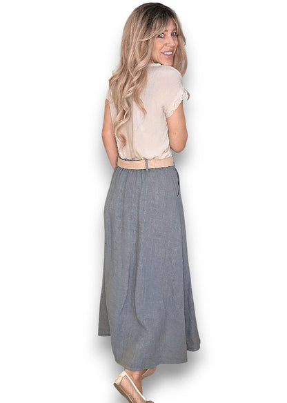 Grey Midi Raffia Belt Linen Skirt