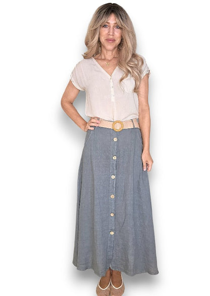Grey Midi Raffia Belt Linen Skirt