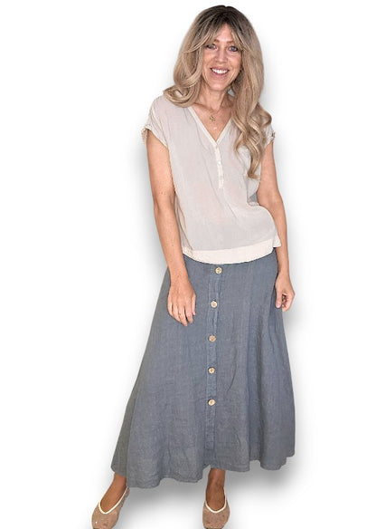 Grey Midi Raffia Belt Linen Skirt