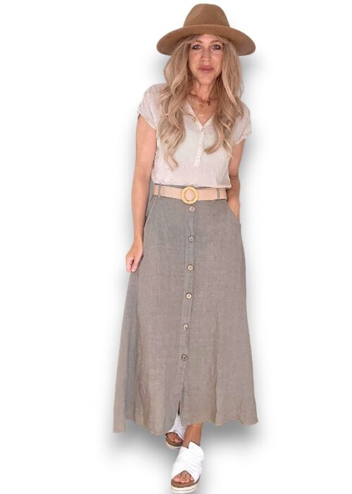 Mocha Midi Raffia Belt Linen Skirt