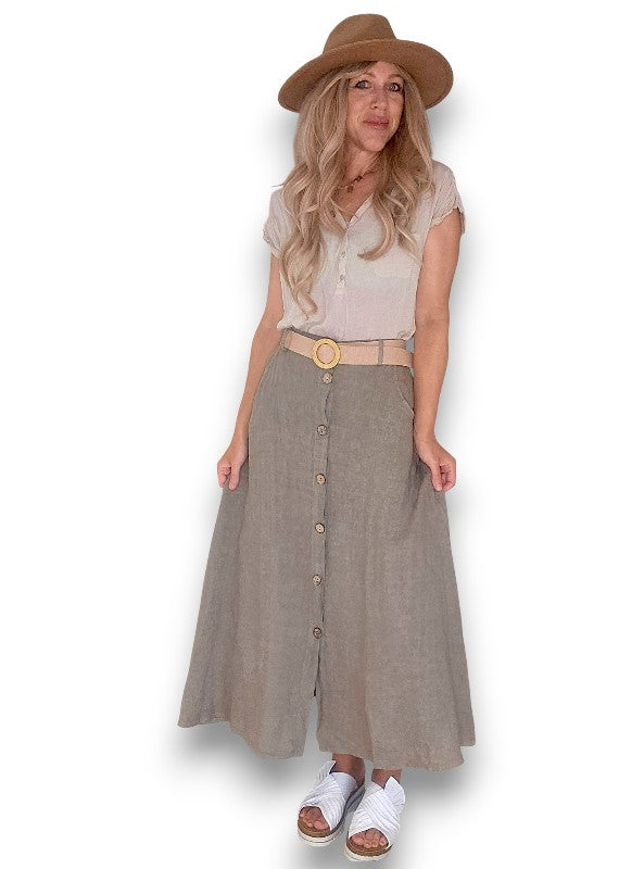 Mocha Midi Raffia Belt Linen Skirt